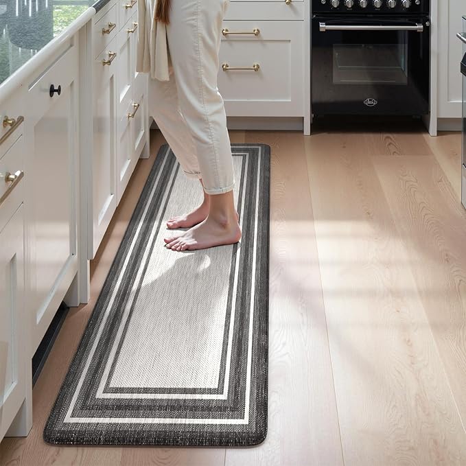 KIMODE Anti Fatigue Kitchen Mat, Cushioned Farmhouse Kitchen Runner, Non Slip Waterproof Kitchen Mat for Floor, Comfort Foam Standing Desk Mat for Laundry, Office, Sink Black 17.3"x59"