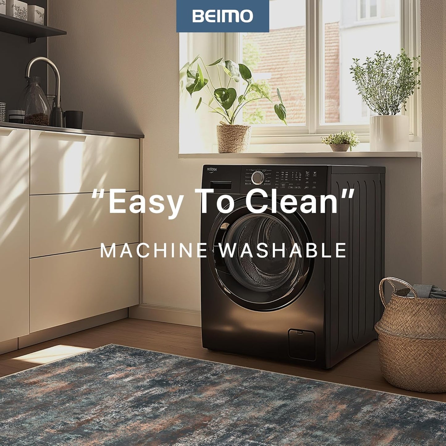 Area Rugs 10x12 for Living Room Bedroom, Modern Abstract Machine Washable Rug, Large Soft Low Pile Floor Cover with Non Slip Backing for Dining Room, Dark Blue Rust