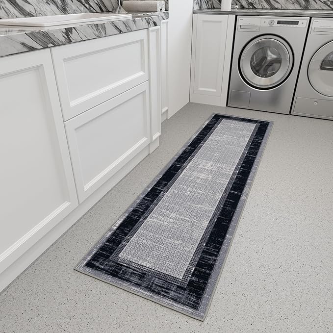 Ottomanson Hallway Runner Rug 1'10" x 7' Non Slip Border Area Rugs Easy to Clean Laundry Rug Runner Durable & Pet Friendly Floor Carpet Runners for Hallways Entryway Living Room Kitchen, Gray/Navy