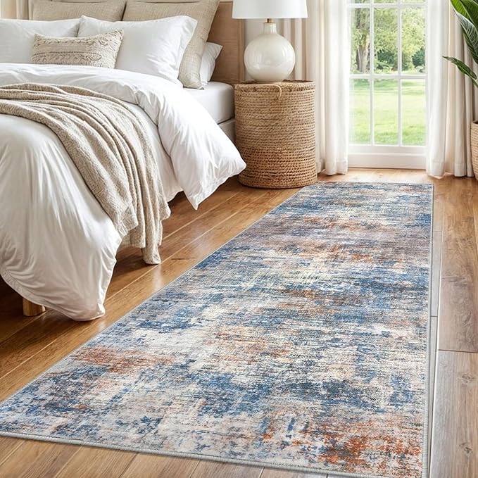 IOHOUZE Abstract Runner Rug 3x8 Ft Washable Runners for Hallways, Non Slip Kitchen Runner Printed Faux Wool Entryway Runner Indoor, Modern Abstract Floor Carpet for Hall Bedroom, Blue Rust