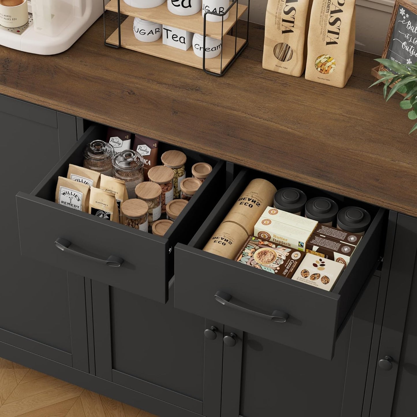 HORSTORS 55" Buffet Cabinet with Storage, Kitchen Buffet Sideboard with Drawers, Large Storage Cabinet with Doors and Shelves, Modern Farmhouse Coffee Bar for Kitchen, Dining Room, Living Room, Black