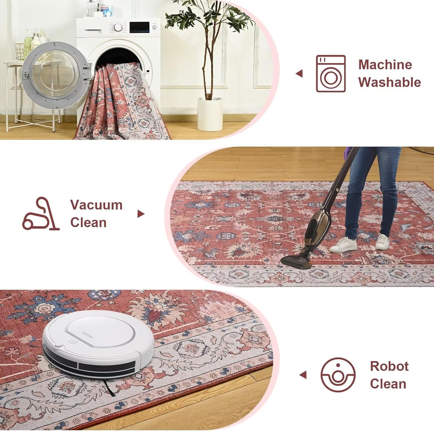 Vasofe 6x9 Rug for Bedroom, Washable Living Room Rugs for Dining Room, Red Indoor Floor Mat, Vintage Floral Mats for Home Decor, Farmhouse, Laundry Room, Non Slip Low Pile Soft Modern Carpet