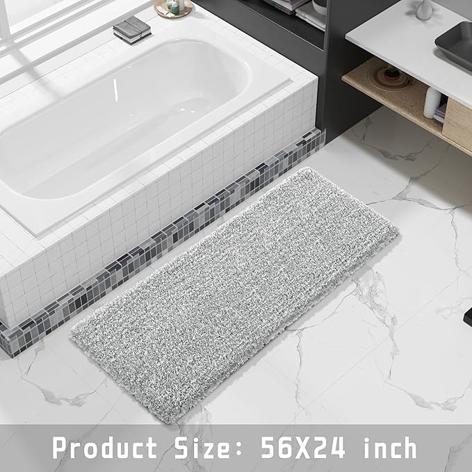 Yimobra Luxury Bathroom Rugs, Fluffy Bath Mats, Non Slip, Water Absorbent Microfiber, Machine Washable, Plush Runner Shower Rugs, Thick Matts for Bathroom Floor&Tub, 56"x 24", Light Gray and White