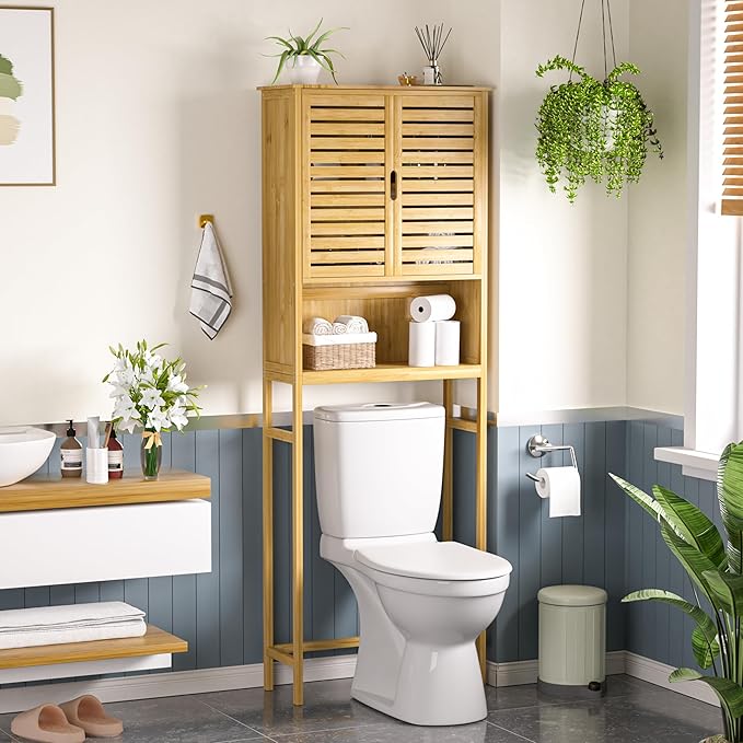 MUPATER 67" H Bathroom Over-The-Toilet Storage Cabinet with Doors and Shelves, Bamboo Over Toilet Organizer, Freestanding Tall Space Saver Toilet Rack, Natural Wood