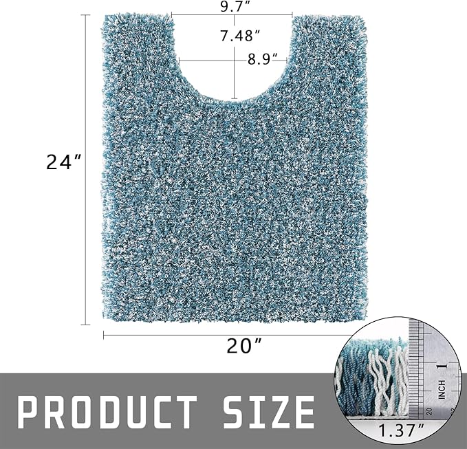 Yimobra Toilet Rugs U Shaped Washable 24x20, Ultra Soft and Water Absorbent Bath Mats, Non Slip Fluffy Shaggy Luxury Microfiber Contour Bath Rugs for Toilet, Dry Quick, Denim Blue and White