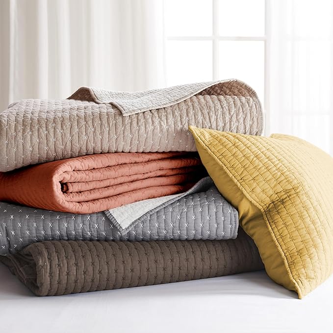 Levtex Home Cross Stitch Reversible Twin XL/Twin Quilt Set (68x86in) with 1 Pillow Sham (26x20in) - Stitch Texture - Cocoa - 100% Cotton Twin Size Quilt Bedding Set - Lightweight, Soft, Pre-Washed