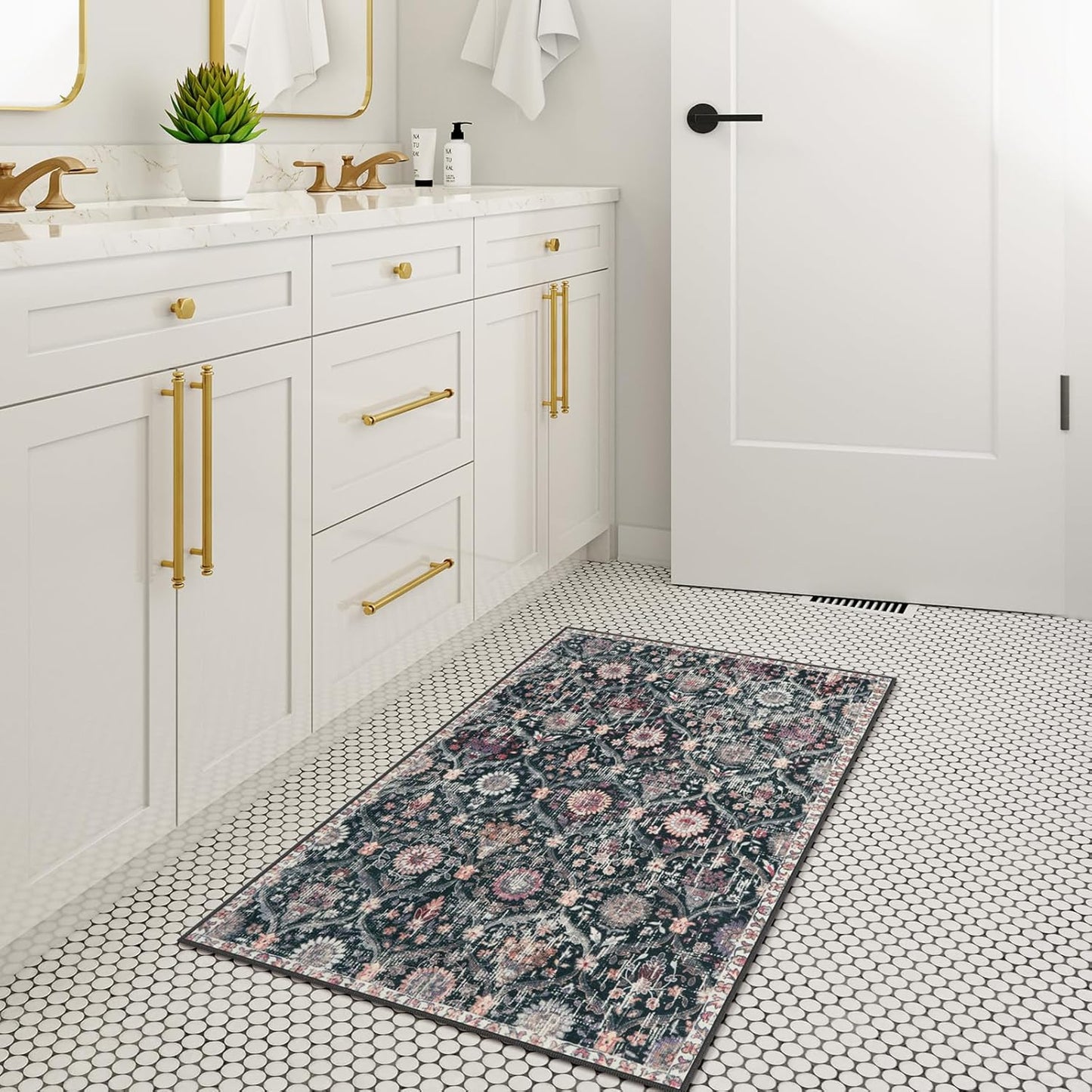 Lahome Kitchen Rugs Non Slip Washable Rugs for Entryway, 2x4 Rug Non-Slip Moroccan Trellis Ultra-Thin Indoor Door Mat Small Carpet for Bathroom Bedroom Entry, Black/Multi