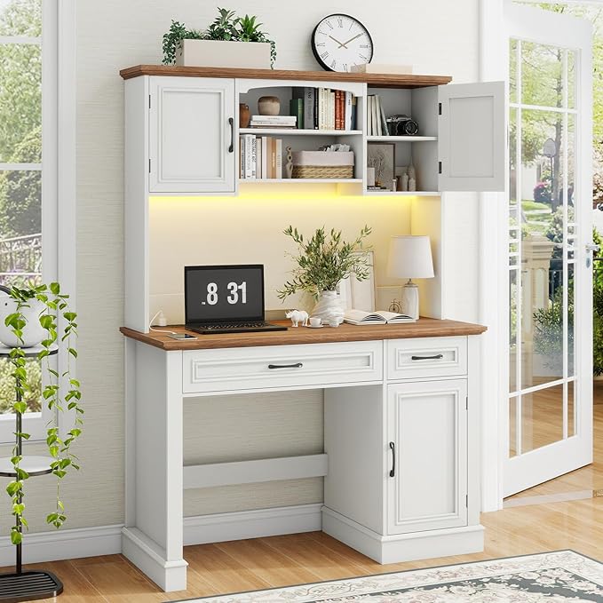 Farmhouse 47" Executive Desk with Hutch, 2 Drawers and LED Light, Computer Desk with Storage Cabinet and Charging Station,Workstation for Home Office and Study.Unique White