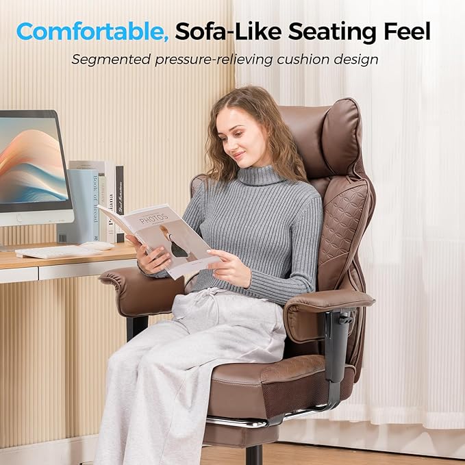 COMHOMA Big and Tall Office Chair 400LBS Wide Ergonomic Gaming Chair with Deluxe Embossing Designed Leather with Foot Rest,150°Reclining Adjustable Armrests Pocket Spring Back Support and Pillow