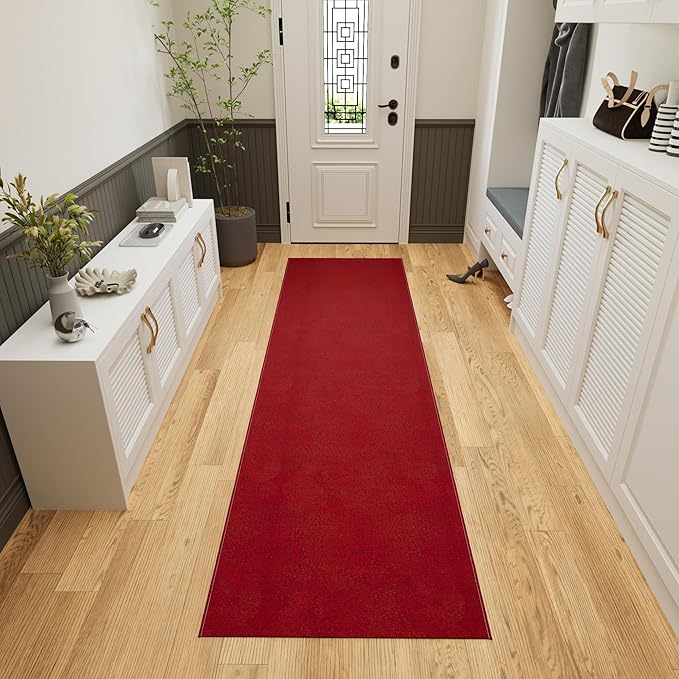 Ottomanson 2'7" x 40' Ultra-Thin Hallway Runner Rug - Durable Non-Slip Carpet for High-Traffic Areas - Fits Under Doors for Seamless Entry - Ideal for Kitchen, Entryway, Bedroom & Living Room, Red