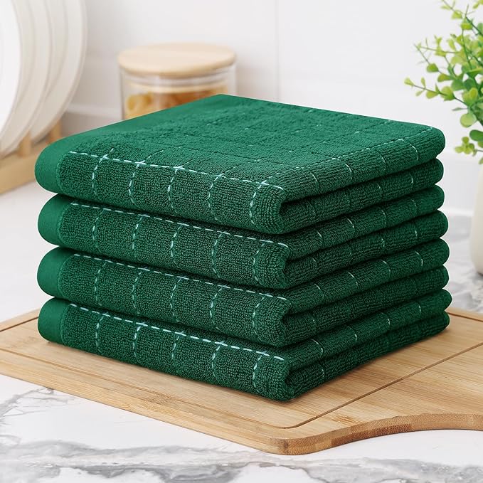 Homaxy 100% Cotton Terry Kitchen Towels(Dark Green, 13 x 28 inches), Checkered Designed, Soft and Super Absorbent Dish Towels, 12 Pack
