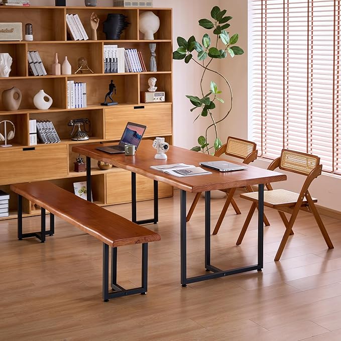 Solid Wood Administrative Desk, Dining Table with Durable Metal Legs, Uniquely Designed Leisure Table, Perfect for Restaurants and Home Offices, (Wood Brown, 62.99in)