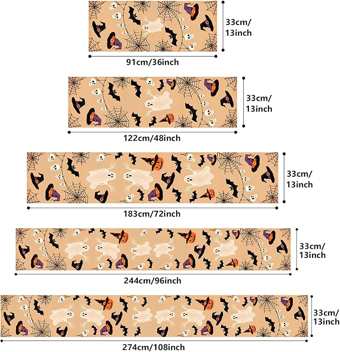 Halloween Table Runner with Ghosts, Bats, Pumpkins & Spooky Motifs, Table Decoration for Dining Party and Home Decor,72x13 inches