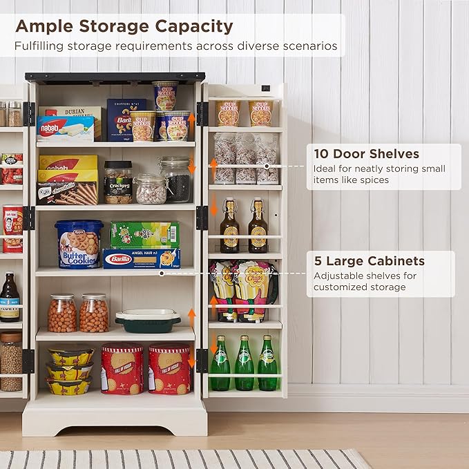 47" Kitchen Pantry, Farmhouse Storage Cabinet with Barn Doors, Organizer and Adjustable Shelves, Rustic Wood Cupboard for Kitchen, Dining Room, Bathroom and Hallway, Off White