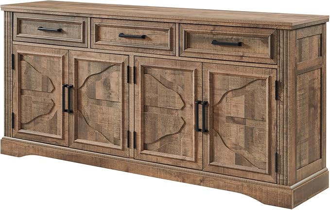 JXQTLINGMU 66" Large Buffet Sideboard Cabinet with 4 Doors and 3 Drawers, Buffet Table Coffee Bar Wine Bar Storage Cabinet for Dining Room, Living Room (Warm Brown)