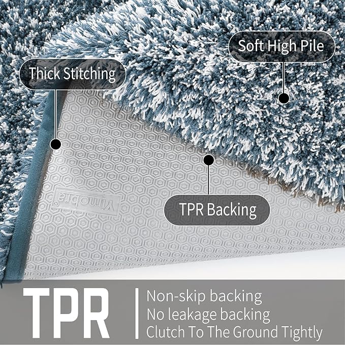 Yimobra Luxury Bathroom Rugs, Fluffy Bath Mats, Non Slip, Water Absorbent Microfiber, Machine Washable, Plush Runner Shower Rugs, Thick Matts for Bathroom Floor&Tub, 70"x 24", Denim Blue and White