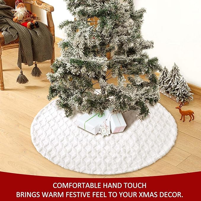 Hommtina Christmas Tree Skirt 48 Inches White Tree Skirt,Christmas Tree Decorations Faux Fur Tree Skirt for Xmas Holiday Home Party Decorations Ornaments (White Stripe)