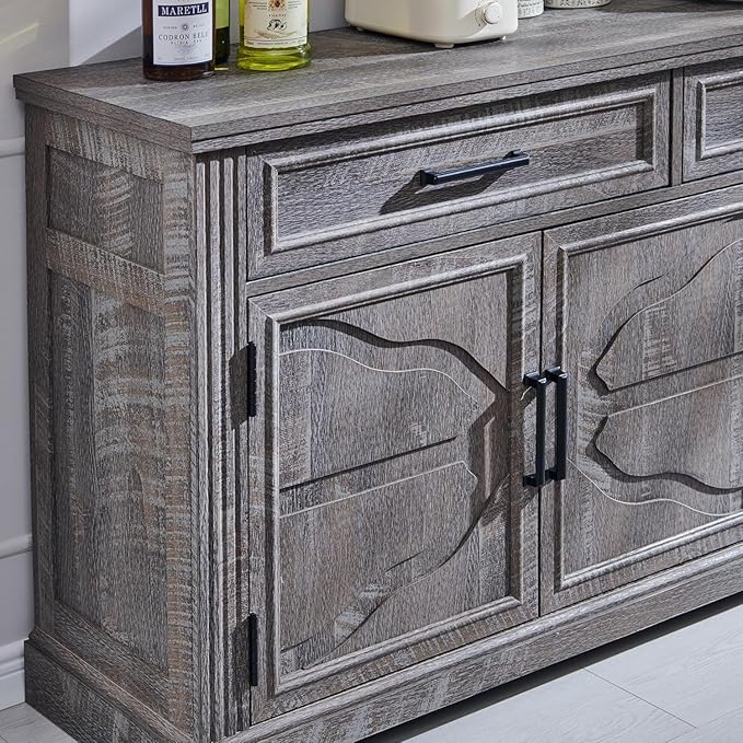 JXQTLINGMU 55" Large Buffet Sideboard Cabinet with 3 Doors and 2 Drawers, Buffet Table Coffee Bar Wine Bar Storage Cabinet for Dining Room, Living Room, Dark Grey