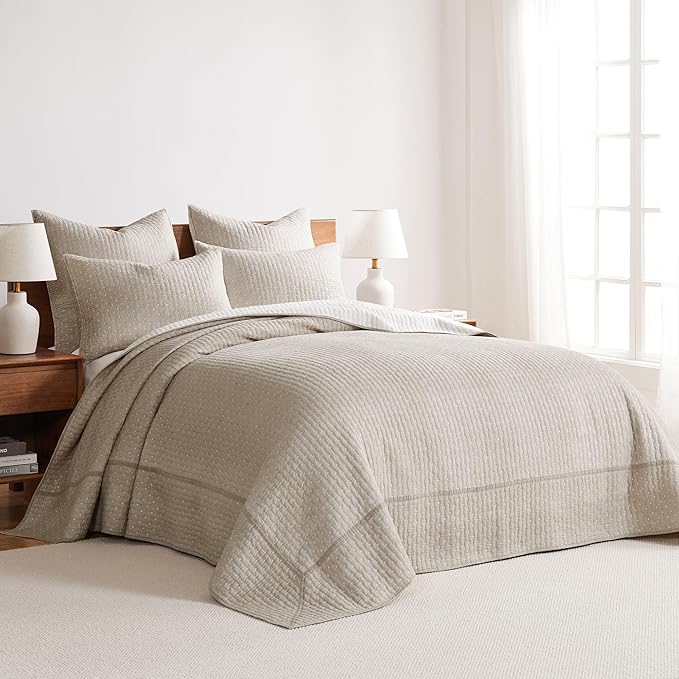 Levtex Home Cross Stitch Reversible Twin Bedspread Set (84x104in) with 1 Pillow Sham (26x20in) - Stitch Texture - Taupe - Cotton Twin Size Bedspread Set - Lightweight, Soft, Pre-Washed