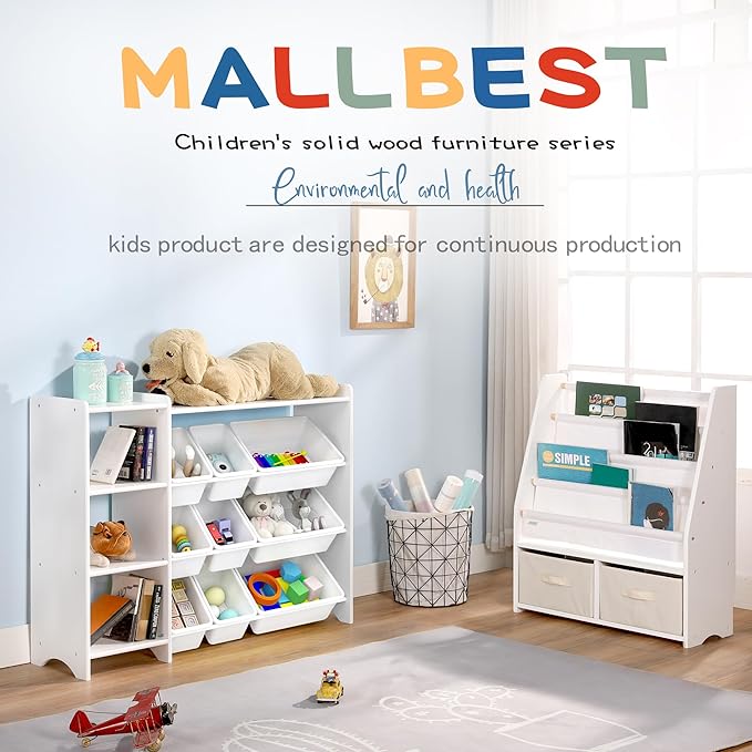 MallBest 4-Tier Kids' Toy Storage Organizer Shelf - 100% Solid Wood,Children's Storage Cabinet with 9 Plastic Bins and 3 Storage Ports(White-Single Color)