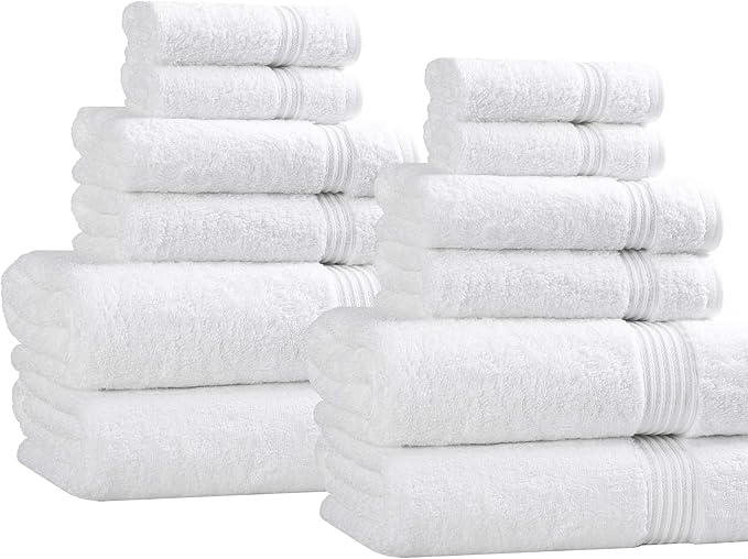 Superior Egyptian Cotton 12-Piece Towel Set, Assorted Towels for Home Bathroom, Guest Bath Decor Essentials, Includes 4 Bath, 4 Hand, 4 Face Towels/Washcloths, Quick Dry, Absorbent - White