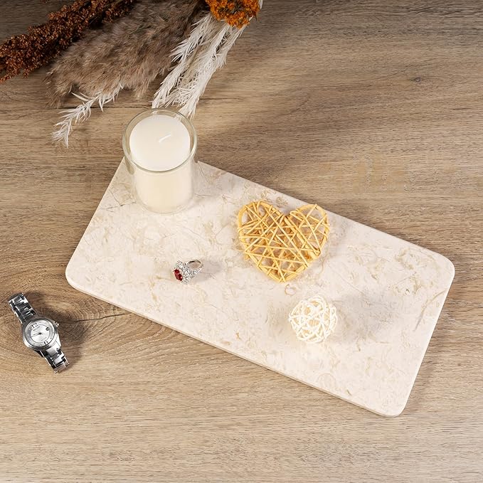 Natural Marble Tray, 12" x 6" Vanity Decorative Tray for Watch, Jewelry Holder, Perfume Organizer Candle Tray for Bedroom/Bathroom/Kitchen Countertop (Crema Beige)