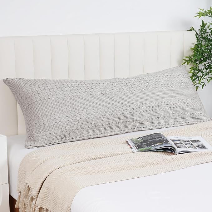 PHF 100% Cotton Waffle Body Pillowcase with Zipper, 1 Pack 20" x 54" Soft Skin-Friendly Pillow Sham, No Filling, Aesthetic Woven and Breathable Waffle Weave Body Pillow Cover for Bed, Light Grey