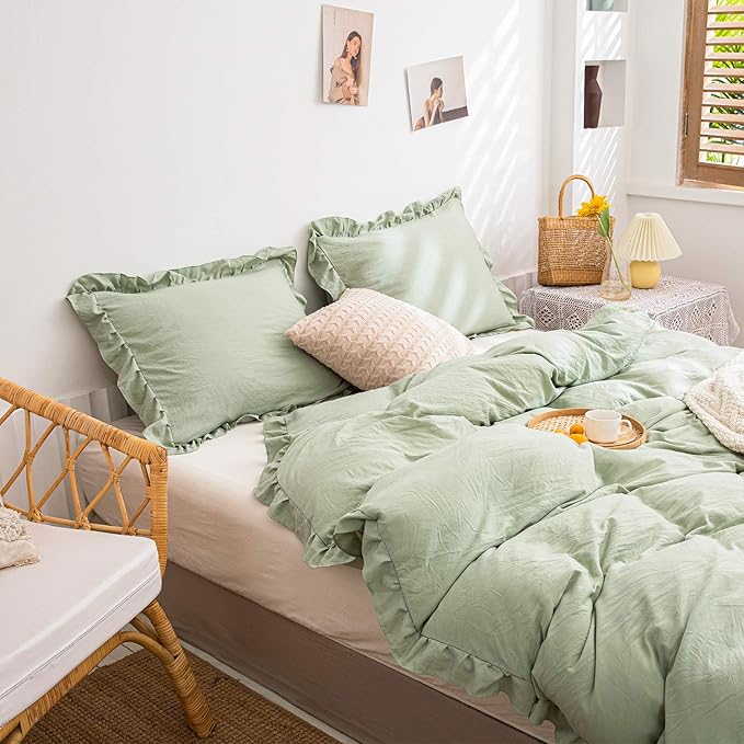 Sage Green Ruffle King Pillowcases Cute Pillowcases Set of 2 Green Pillow Shams 2 Pack (King (20''x36''), Sea Green)