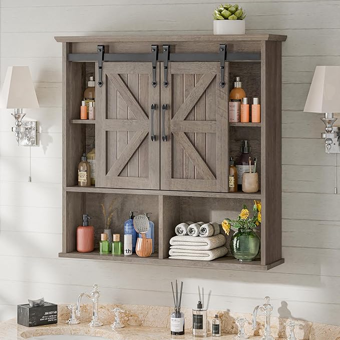 Vabches Bathroom Wall Cabinet, Farmhouse Wooden Medicine Cabinet with Double Sliding Barn Door and Adjustable Shelves, Farmhouse Storage Cabinet Wall Mounted for Bathroom, Kitchen Dining, Washed Oak
