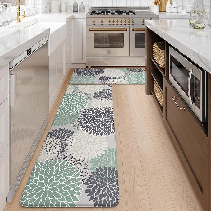 KIMODE Cushioned Anti Fatigue Rugs Sets of 2, Ergonomic Standing Kitchen Mat 2PCS, Boho Kitchen Mats for Floor Stain Resistant, Non Slip Kitchen Sink Rug Waterproof, 20"x32"+20"x47", Teal