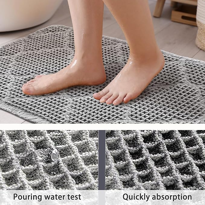 ZALL Waffle Bath Mat,Super Absorbent Non Slip Bathroom Rug,Grey 24X72inch, Geometric Diamond Machine Washable Ultra Soft Floor Mats Gray