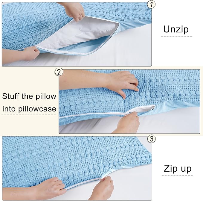 PHF Waffle Weave Body Pillowcase with Zipper, 1 Pack 100% Cotton 20" x 54" Pillow Sham, No Insert, Soft & Breathable Pillow Case, Aesthetic Woven Body Pillow Cover for Bedroom Decor, Sky Blue