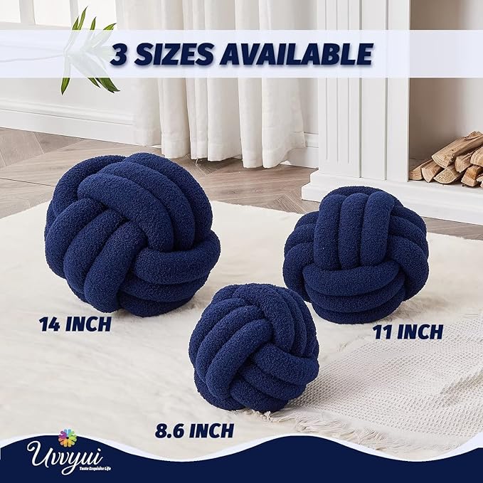 Uvvyui Knot Pillow Ball, Soft Home Decorative Pillows, Round Throw Pillow, Handmade Knotted Plush Pillow, Round Boucle Pillow Cushion (11 Inches Navy)