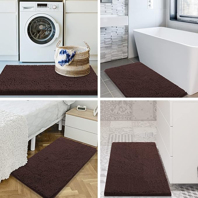Smiry Luxury Chenille Bathroom Rugs 34x21, Extra Soft and Absorbent Shaggy Bath Mat, Machine Washable, Non-Slip Plush Carpet Runner for Tub, Shower, and Floor, Home Decor Accessories, Brown