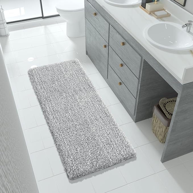 Yimobra Luxury Bathroom Rugs, Fluffy Bath Mats, Non Slip, Water Absorbent Microfiber, Machine Washable, Plush Runner Shower Rugs, Thick Matts for Bathroom Floor&Tub, 56"x 24", Light Gray and White