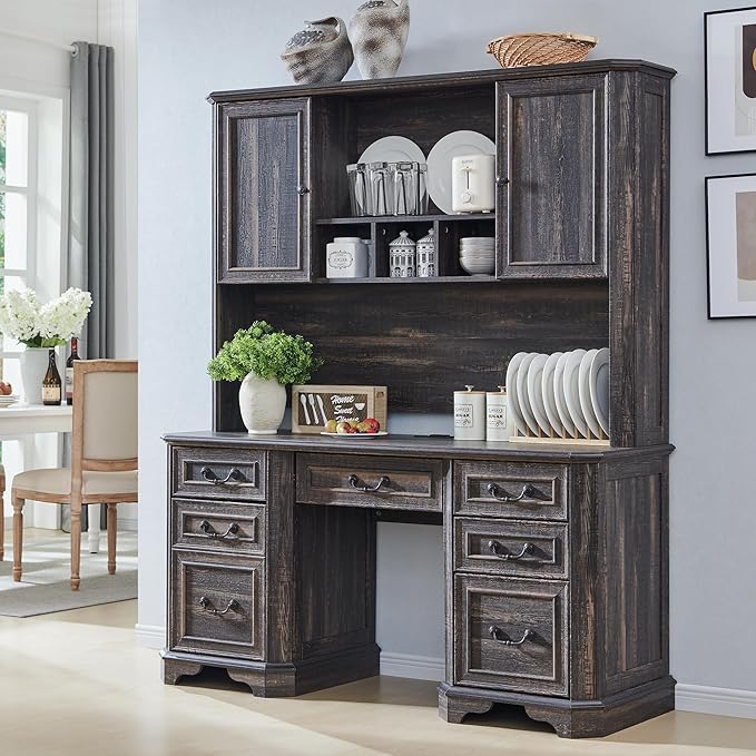 T4TREAM 59" Farmhouse Executive Desk with Hutch,Wood Home Office Computer Desk, Featuring Keyboard Tray,Charging Station,File Drawer, Storage Cabinet,for Work and Study (Dark Rustic Oak)