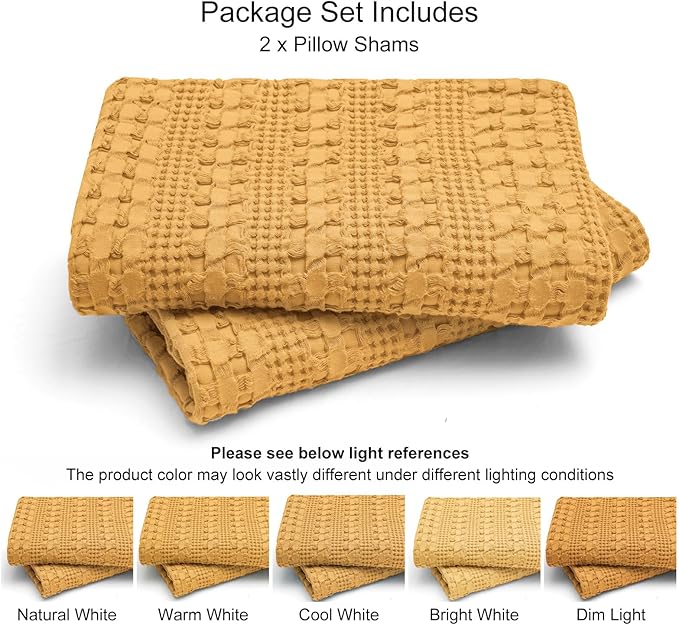 PHF 100% Cotton Waffle Pillow Shams Standard Size, 2 Pack 20" x 26" Soft Skin-Friendly Pillowcases, No Filling, Aesthetic Woven and Breathable Waffle Weave Pillow Case Covers for Bed, Honey Yellow