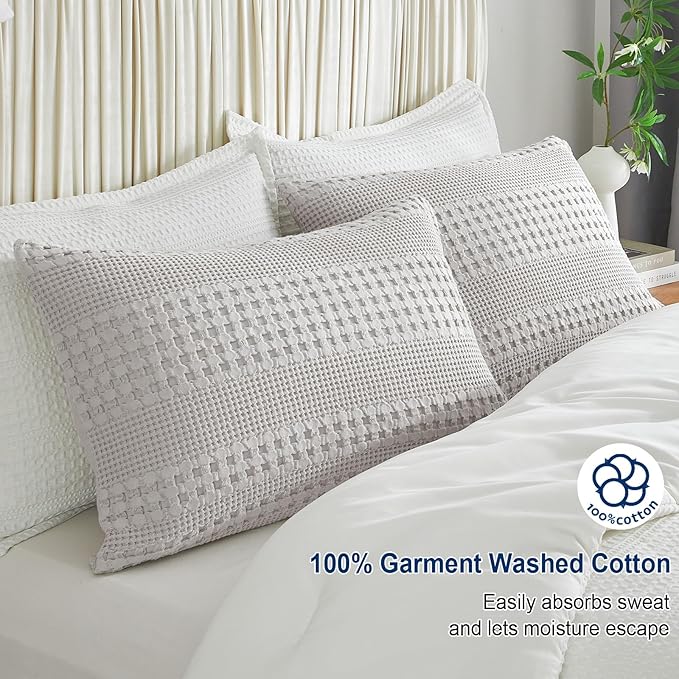 PHF 100% Cotton Waffle Pillow Shams Queen Size, 2 Pack 20" x 30" Soft Skin-Friendly Pillowcases, No Filling, Aesthetic Woven and Breathable Waffle Weave Pillow Case Covers for Bed, Light Grey