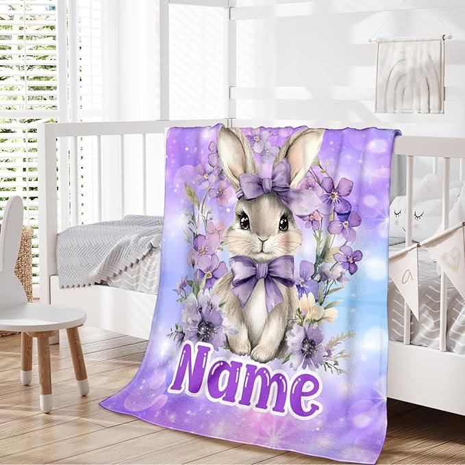 Kids Blanket for Girls Women Custom Bunny Blanket Gift for Birthday, Cozy Warm Rabbit Flannel Throw for Bed Sofa Room