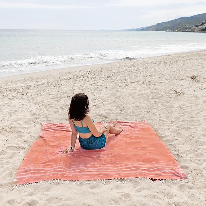 WETCAT Turkish Beach Blanket Sandproof (82"x82") 100% Turkish Cotton, Made in Turkey - Sand Free, Ultra Soft, Extra Large Throw for Picnic – Dark Coral