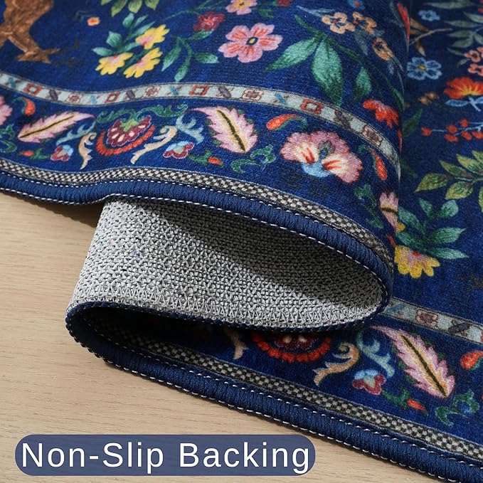 3x5 Rug Washable Area Rug Floral Office Rug Non Slip Small Carpet for Bedroom, Bedside, Kitchen, Entryway, Kids Room, Office(Blue)