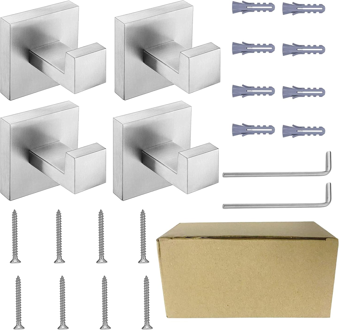 Nolimas Bathroom Towel Hook SUS304 Stainless Steel Square Clothes Coat Robe Hooks Cabinet Closet Door Sponges Hanger for Bath Kitchen Garage,Heavy Duty Wall Mounted,Brushed Nickel Finish,4pack