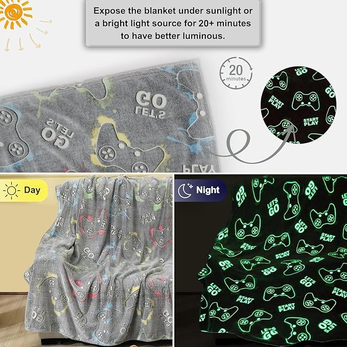 Jekeno Glow in The Dark Gaming Blanket Gamer Game Controller Throw Gift Toys for Boys Adults Men Women Gamepad Presents Birthday Halloween Christmas Bedroom Decor Luminous Blanket Grey 60"x80"