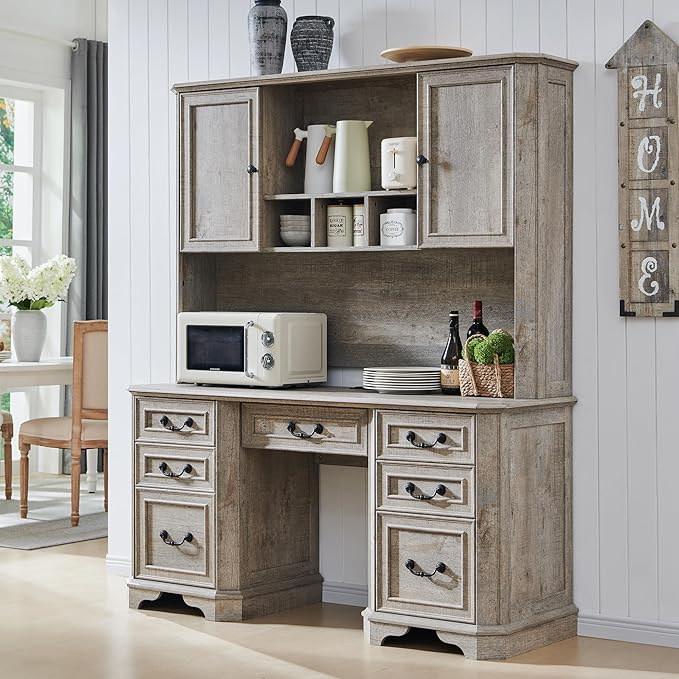 T4TREAM 59" Farmhouse Executive Desk with Hutch,Wood Home Office Computer Desk, Featuring Keyboard Tray,Charging Station,File Drawer, Storage Cabinet,for Work and Study (Light Rustic Oak)