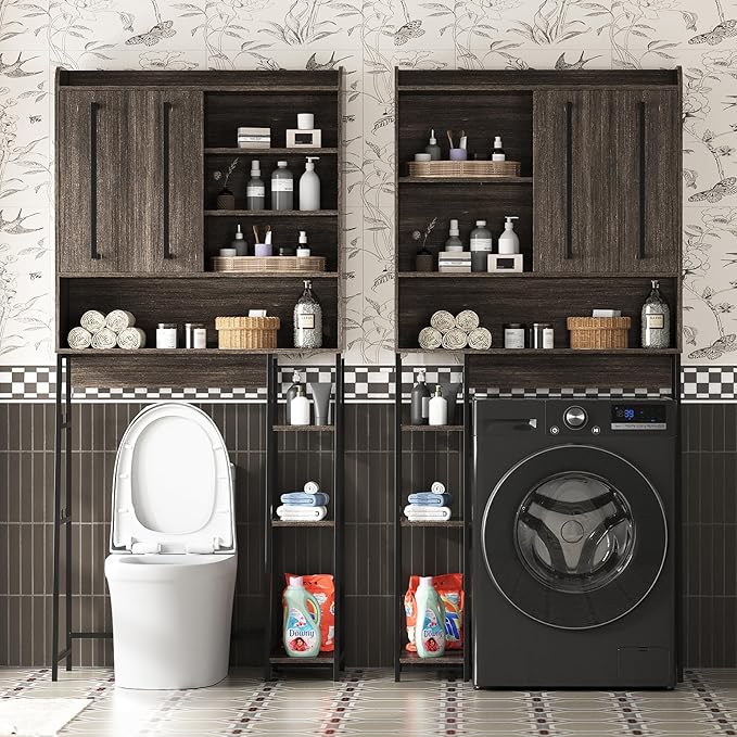 VFK Over The Toilet Storage Cabinet with Sliding Door, Farmhouse Bathroom Organizer with Adjustable Shelves for Small Spaces, Sturdy Metal Frame Above Toilet Cabinet,31.5" L x 7.7" W x 66.9" H