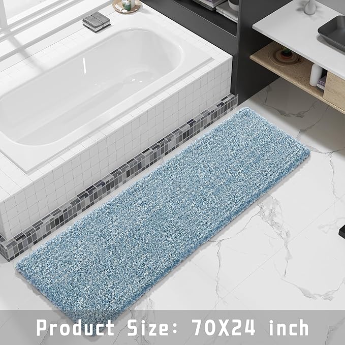 Yimobra Luxury Bathroom Rugs, Fluffy Bath Mats, Non Slip, Water Absorbent Microfiber, Machine Washable, Plush Runner Shower Rugs, Thick Matts for Bathroom Floor&Tub, 70"x 24", Denim Blue and White