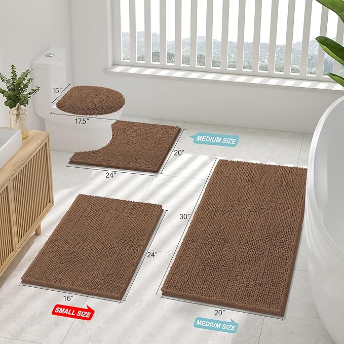 Smiry Luxury Chenille Bathroom Rugs 30x20, Extra Soft and Absorbent Shaggy Bath Mat, Machine Washable, Non-Slip Plush Carpet Runner for Tub, Shower, and Floor, Home Decor Accessories, Mocha
