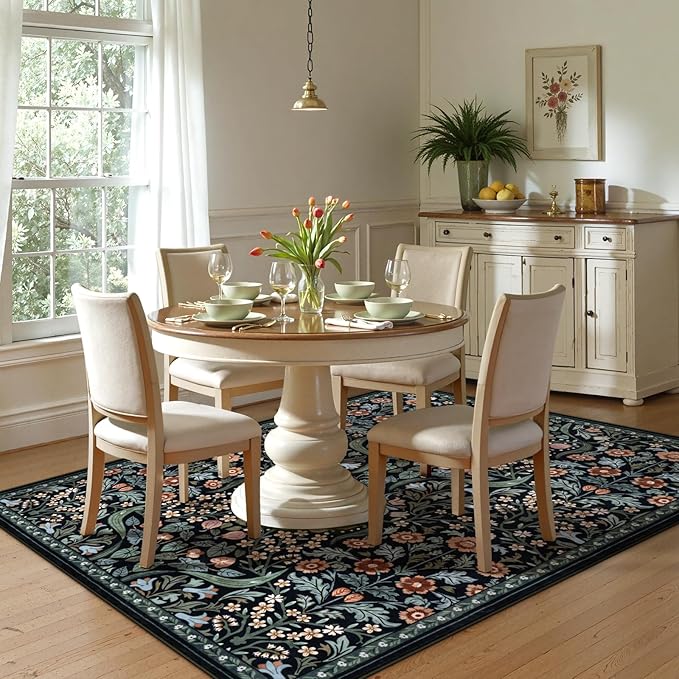 Lahome Floral 5x7 Rug for Living Room, Soft Washable Area Rugs for Bedroom, Botanical Thin Stain-Resistant Black Boho Carpet for Dining Room, Guestroom, Nursery Indoor