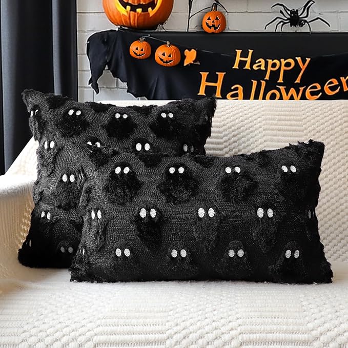 4TH Emotion Halloween Ghost Decorative Lumbar Pillow Covers 12x20 Set of 2, Black Soft Plush Faux Fur Farmhouse Throw Cushion Cases for Fall Autumn Holiday Home Decorations