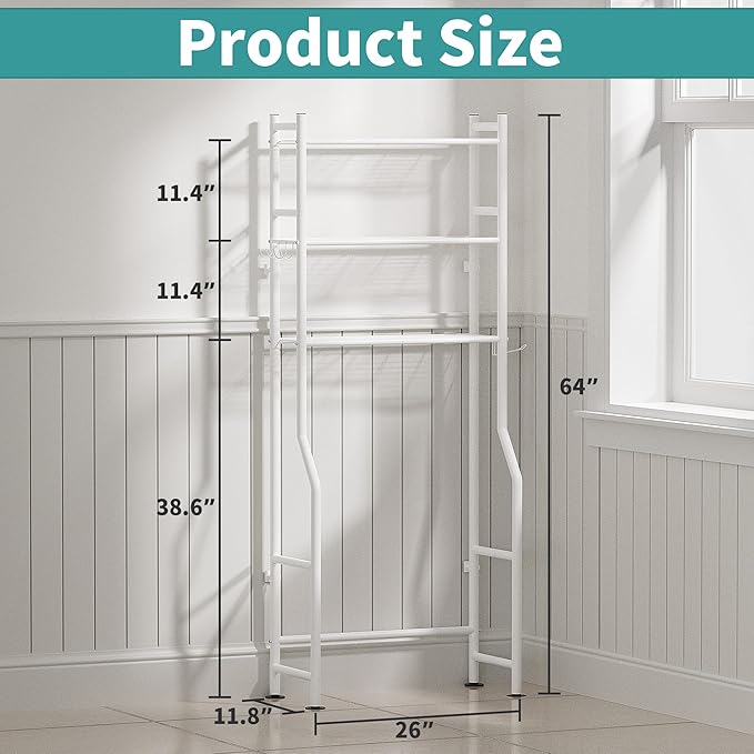 3-Tier Over The Toilet Storage with Paper Holder, Metal Bathroom Organizers and Storage for Small Space, Freestanding Bathroom Shelves with 4 Hooks, Above The Toilet Storage Shelf, White